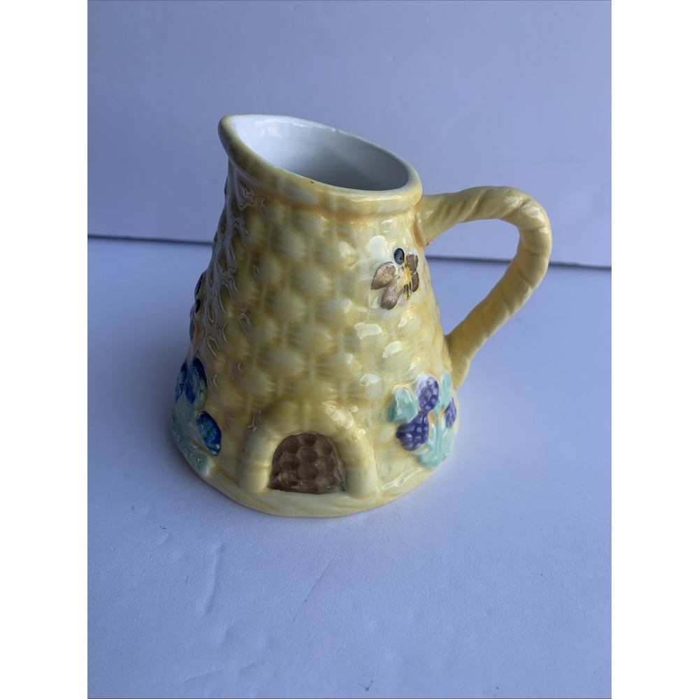 Vintage Beehive Skep Ceramic Creamer Pitcher Yellow Bee Floral Cottagecore 3.25"